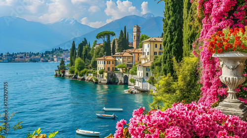 Italian Lake Villa With Pink Flowers and View Of The Beautiful Mountains 