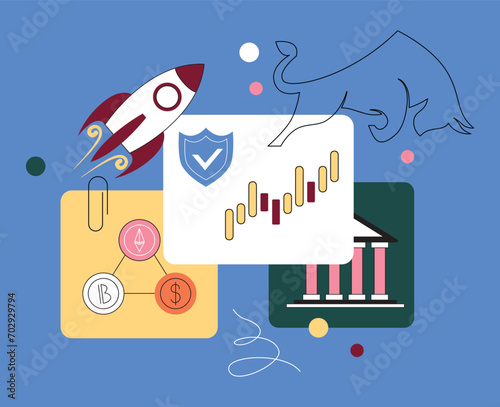 Bull run or bullish market trend collection cryptocurrency or stocks finance. Trade exchange set icons. Cryptocurrency price chart blockchain technology. Global economy boom isolated on background.