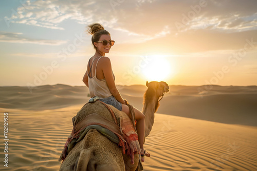 A young woman enjoys a camel ride through sweeping desert dunes as the sun sets, casting warm, golden hues across the sandy scenery