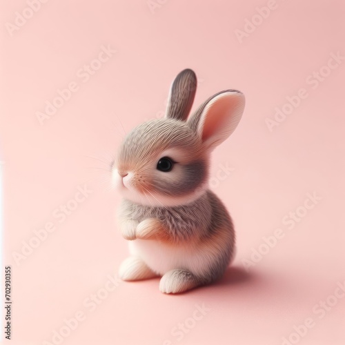 Cute fluffy gray Easter bunny toy among colorful eggs on a pastel pink background. Minimal Easter holiday concept. Wide screen wallpaper. Web banner with copy space for design. photo