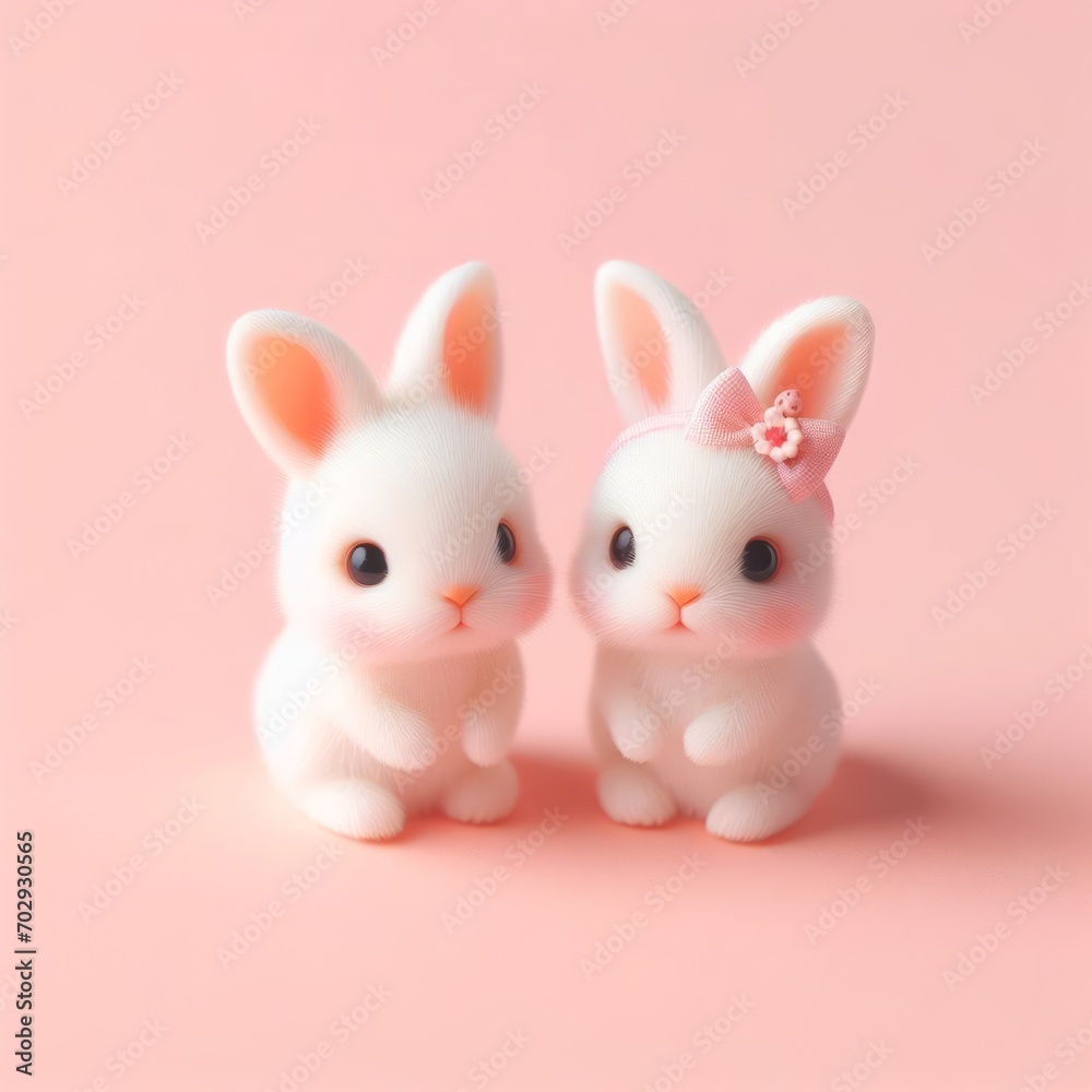 Couple of cute fluffy white Easter bunny toys on a pastel pink background. Minimal Easter holiday concept. Wide screen wallpaper. Web banner with copy space for design. Couple of cute fluffy white Easter bunny toys on a pastel pink background. Minimal Easter holiday concept. Wide screen wallpaper. Web banner with copy space for design.