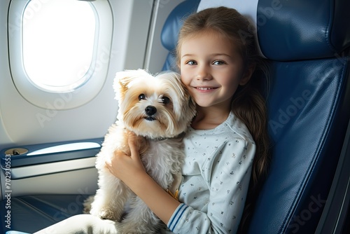A happy girl hugs a little dog, a lapdog, tightly, sitting by the window on the plane. Traveling with a pet. © BetterPhoto