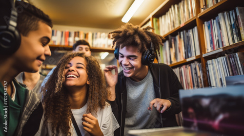 A group of teenagers loudly playing music in a library. photo