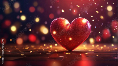 Shiny red heart on the colorful background with bokeh lights, Valentine's day, party background