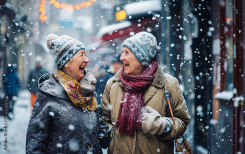 Two elderly ladies are smiling and happy walking in the snow on a city street.