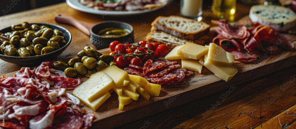 Assorted charcuterie and cheese boards, including Spanish ingredients and olives. - obrazy, fototapety, plakaty 