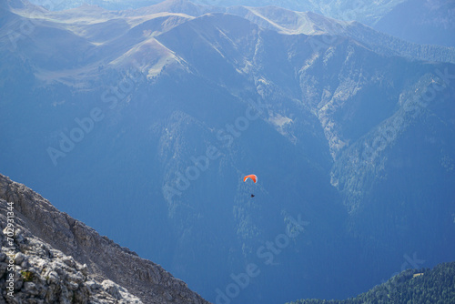 Paragliding in the dolomite mountains: flying in incredible panoramic mountain scenery in South Tyrol, Italy