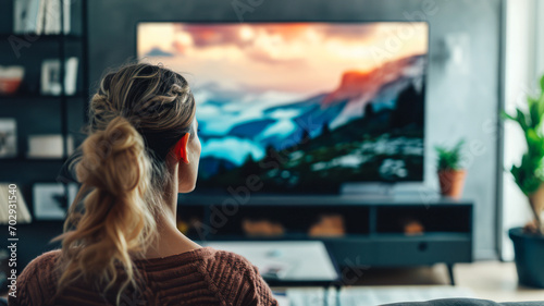 A woman relaxes and watches TV at home. The concept captures moments of comfort and relaxation in the domestic environment.