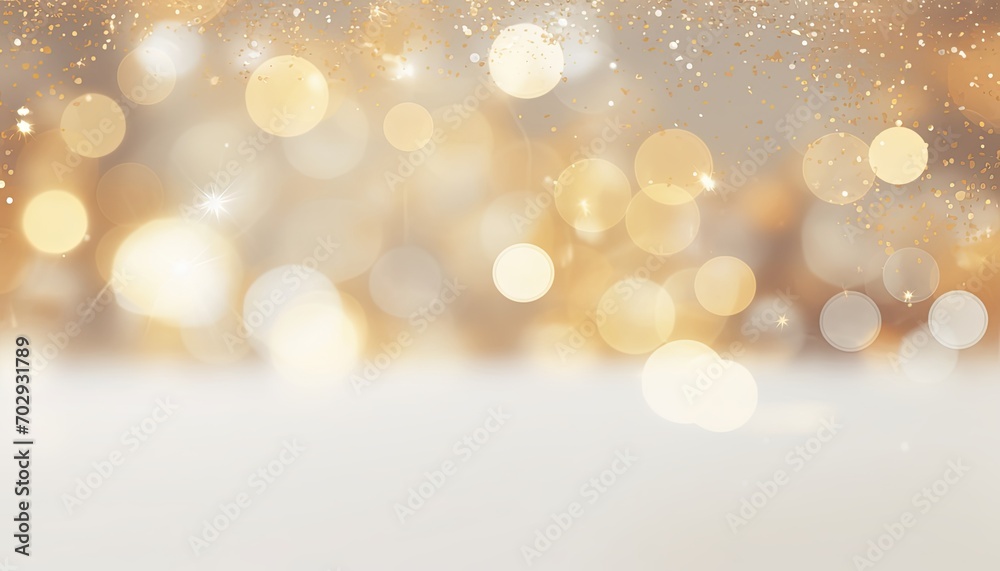 a christmas background with gold lights, in the style of light yellow and light gray, light beige and white.