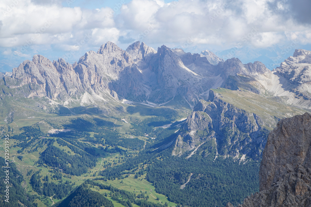 Amazing dolomites: View to majestic Puez Odles Naturepark near St. Christina in Gardena Valley, South Tyrol, Italy