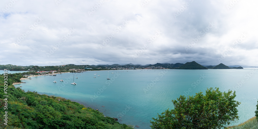 A panorama of yachts anchored in Rodney Bay in St Lucia viewed from Pigeon Island.