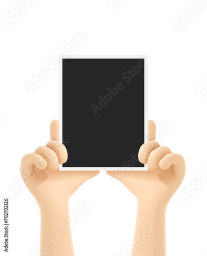 Blank photo frame in the hands. Cartoon Hands holding picture with place for text or image. Realistic. Vector illustration.
