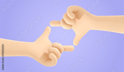 Human hands with fingers showing contact frame in realistic cartoon 3d style on purple background. Vector illustration.