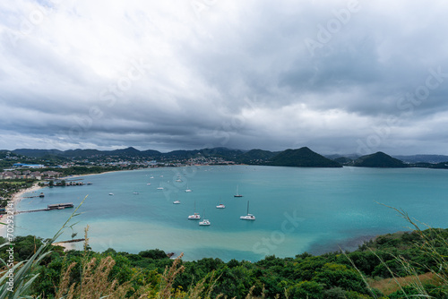 A photo of yachts anchored in Rodney Bay in St Lucia viewed from Pigeon Island.