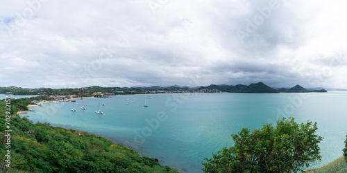A panorama of yachts anchored in Rodney Bay in St Lucia viewed from Pigeon Island.