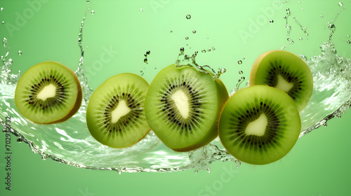 Creative layout made from Slices of kiwi and water Splashing on a green background