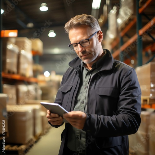 A middle-aged man stands in a warehouse with a tablet computer and checks the presence of products © Jan