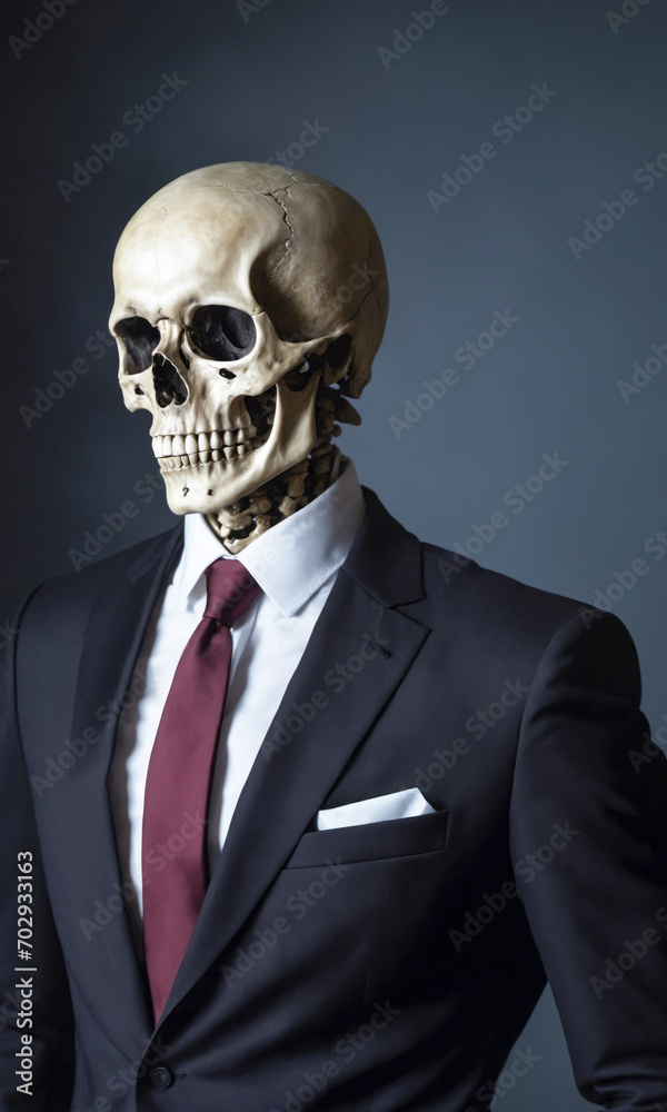 Skeleton death in a black suit, white shirt and tie Skeleton death in a black suit, white shirt and tie