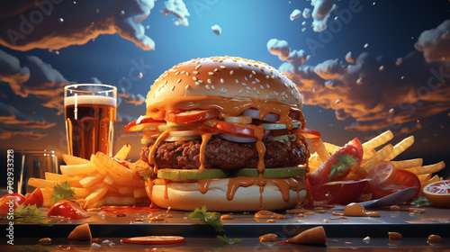 Hamburgers and fast food on the table Background for food advertising photo