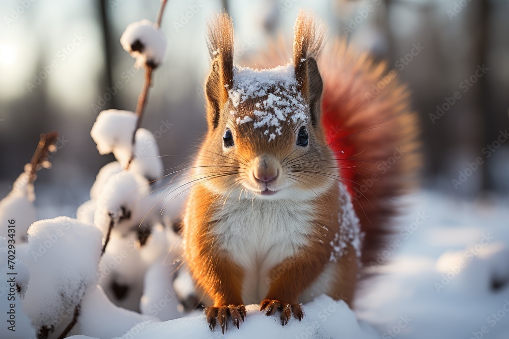 Cute red squirrel in the falling snow Cute red squirrel in the falling snow