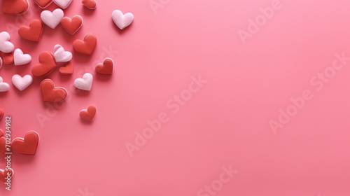 Valentines Day pink simple background with red and pink hearts. Love concept. Greeting card with copy space.