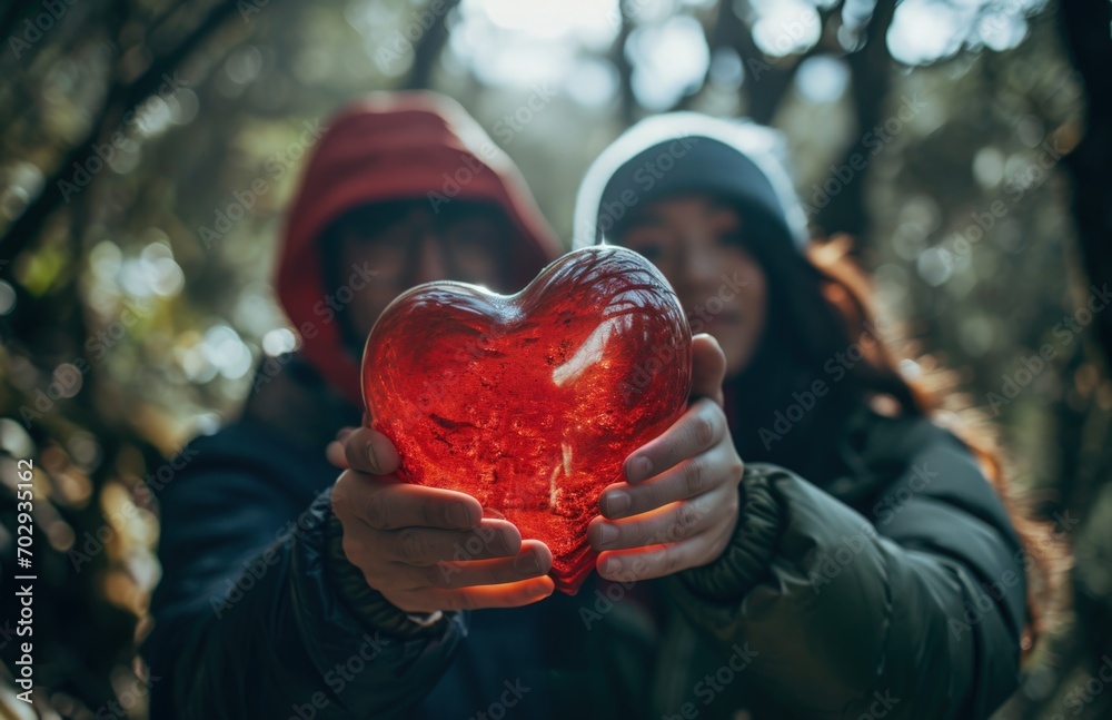 Loving couple of lovers and red heart, Valentine's Day. Generative AI Loving couple of lovers and red heart, Valentine's Day. Generative AI