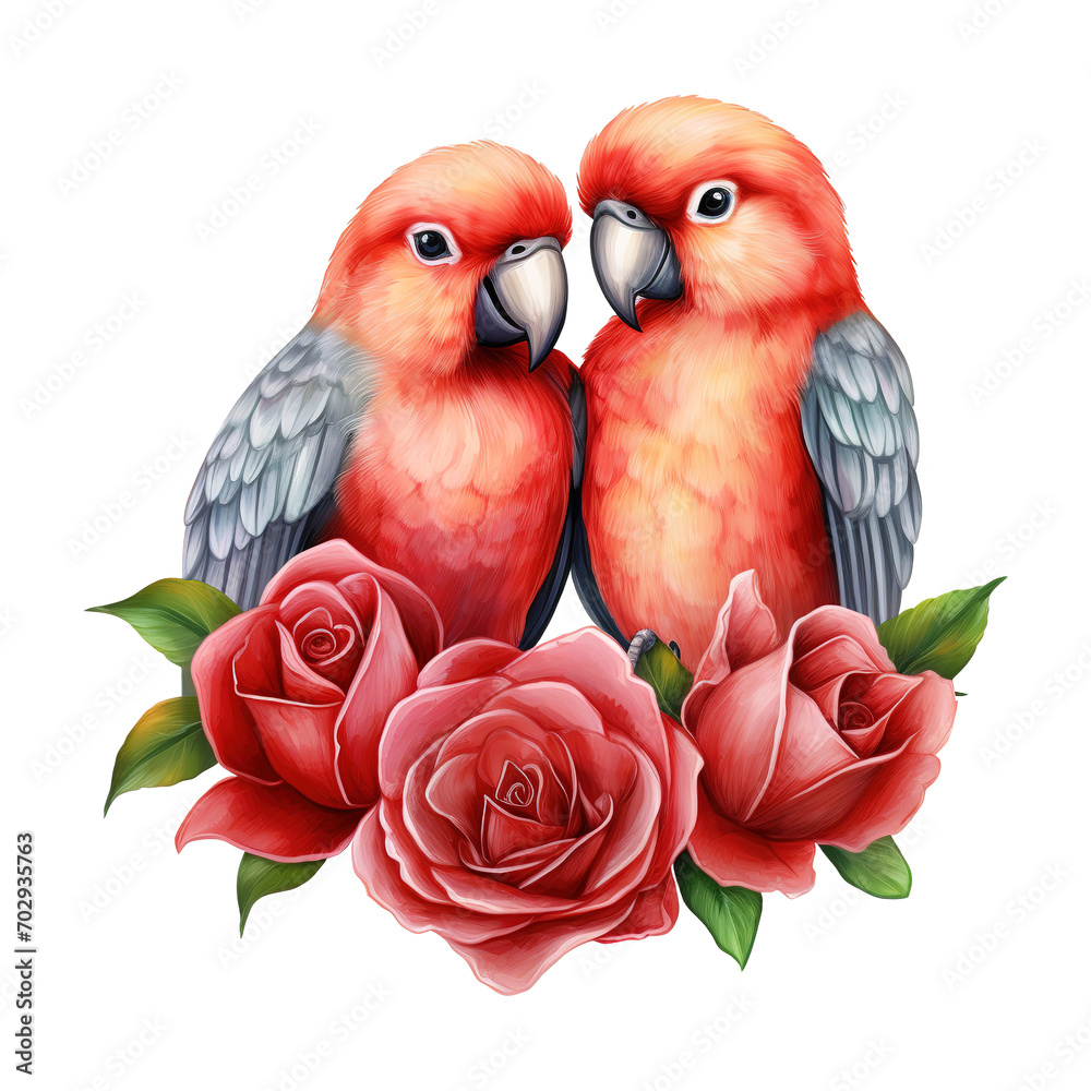 Lovebird sitting on a branch with roses. AI generated image