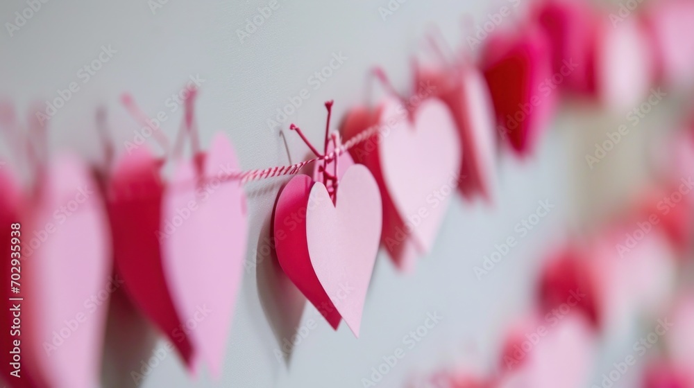 a bunch of pink hearts hanging from a line of clothes pins on a white ...
