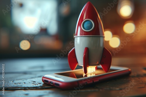 Rocket on cell phone screen, bokeh background, online business concept. Generative AI