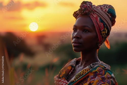 Beautiful black woman with turban  landscape in the background  Black History Month. Generative AI