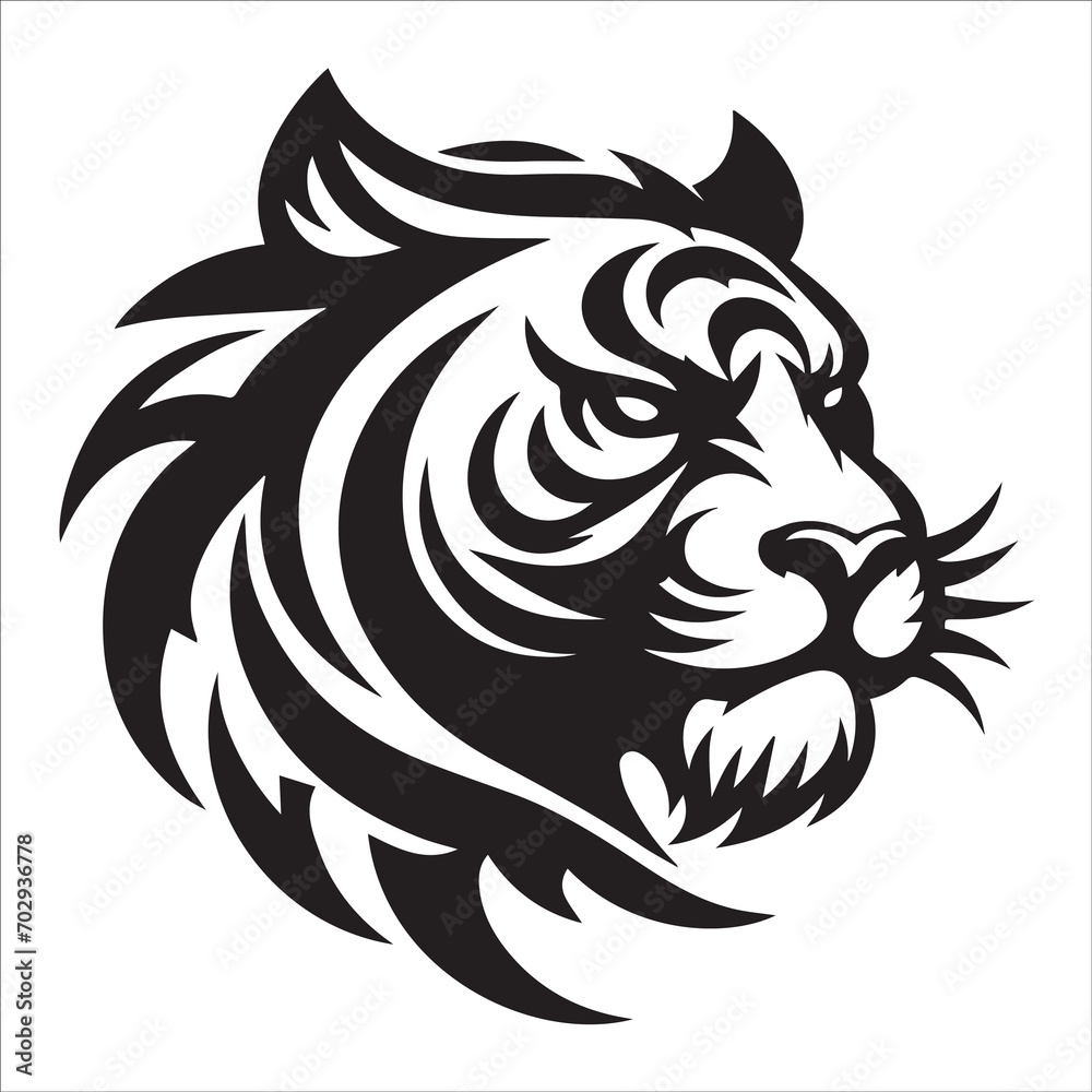 Tiger head black and white illustration , Roaring Tiger head vector line art logo