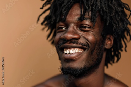 Black man smiling, brown background, digital illustration, Black History Month. Generative AI