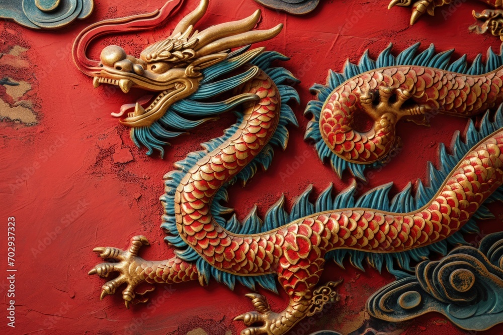 Golden Chinese dragon on red background, Chinese New Year 2024. Generative AI