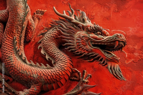 Golden Chinese dragon on red background  Chinese New Year 2024. Generative AI