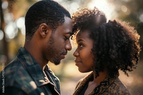 Landscape with couple in love in a forest, sunset in the background, Valentine's Day. Generative AI