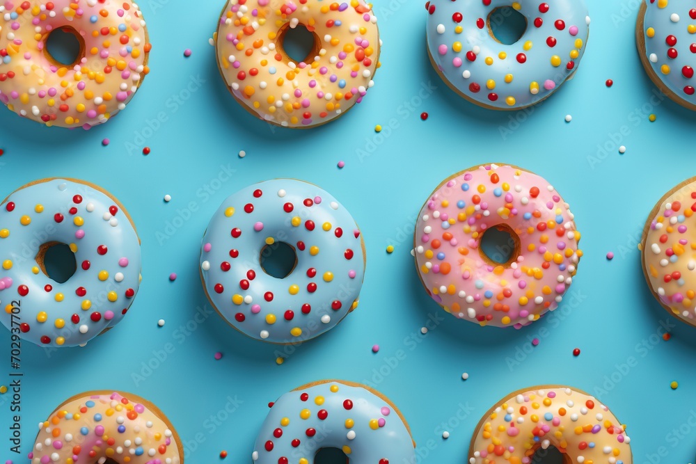 Colorful sweet donuts with sprinkles on blue background Colorful sweet donuts with sprinkles on blue background