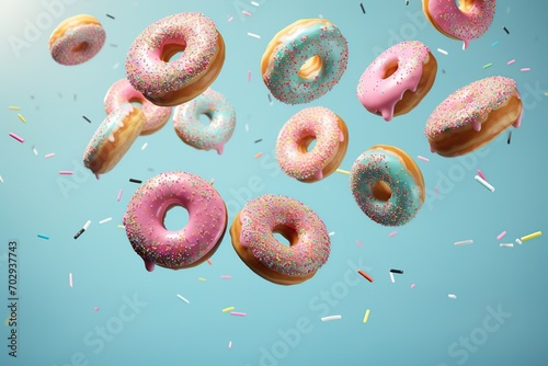 Flying colorful sweet donuts with sprinkles on blue background