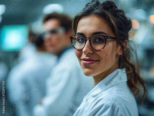 Bellissima scienziata che indossa camice bianco e occhiali nel moderno laboratorio di scienze mediche, pareti bianche, con un team di specialisti sfocati sullo sfondo, diverse etnie, spazio per testo photo