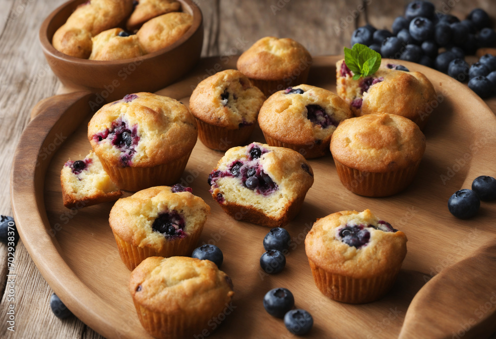 Delicious Blueberry Muffins on a Wood Tray Delicious Blueberry Muffins on a Wood Tray