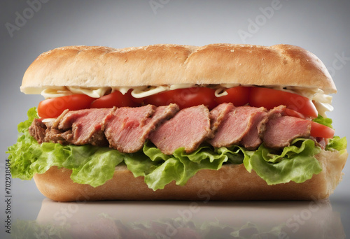 Delicious sandwich with roast beef, cheese, tomato, and lettuce