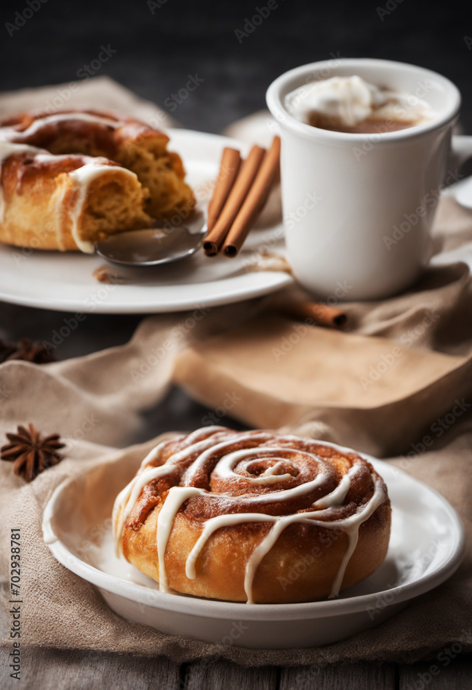 Cinnamon roll and hot coffee