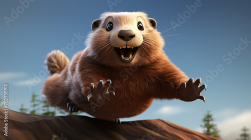 A beautiful pic of a friendly smiling and jumping raccoon