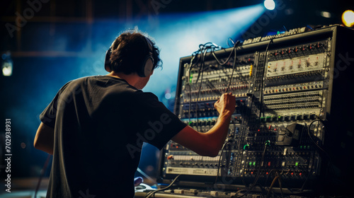 Behind-the-scenes glimpse of a sound engineer fine-tuning audio equipment prior to concert. photo