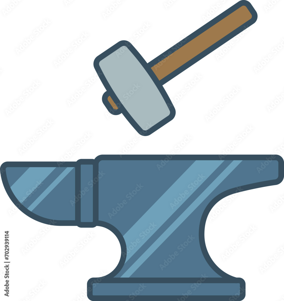 Anvil and hammer icon design in line fill style.