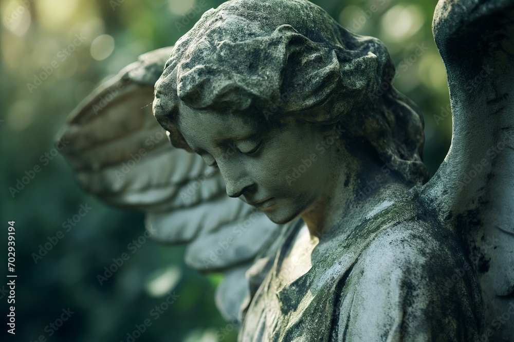 Sad stone angel on a cemetery, head bowed, mourning motif 