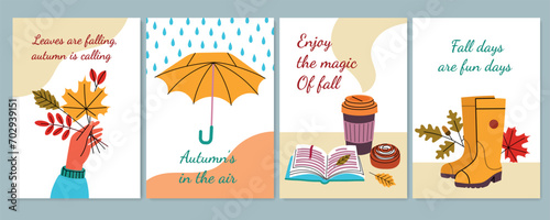 Cartoon autumn seasonal posters. Cute cozy fall elements  rubber boots  umbrella and herbarium made of leaves  hygge objects  vector set.eps