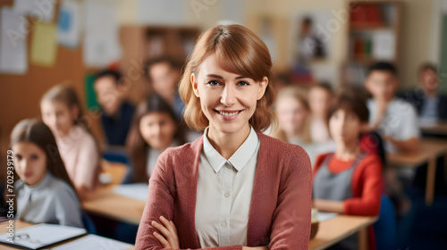 Smiling female teacher in a class at elementary school looking with students in background