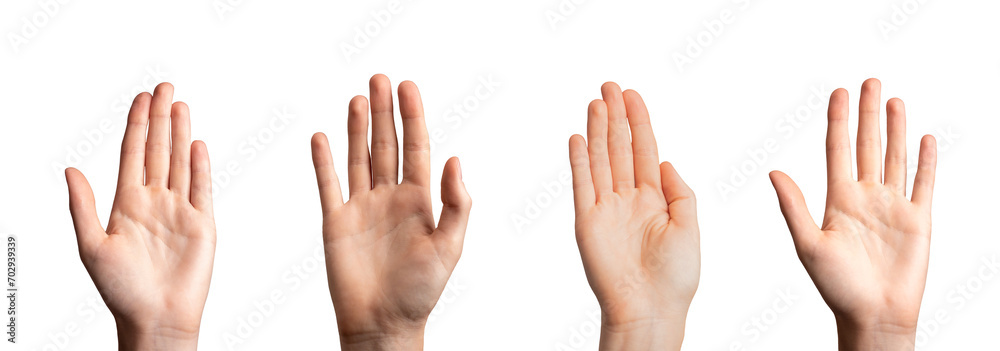 Hands, palms gesturing up, saying hi, greeting, hello, bye isolated on white