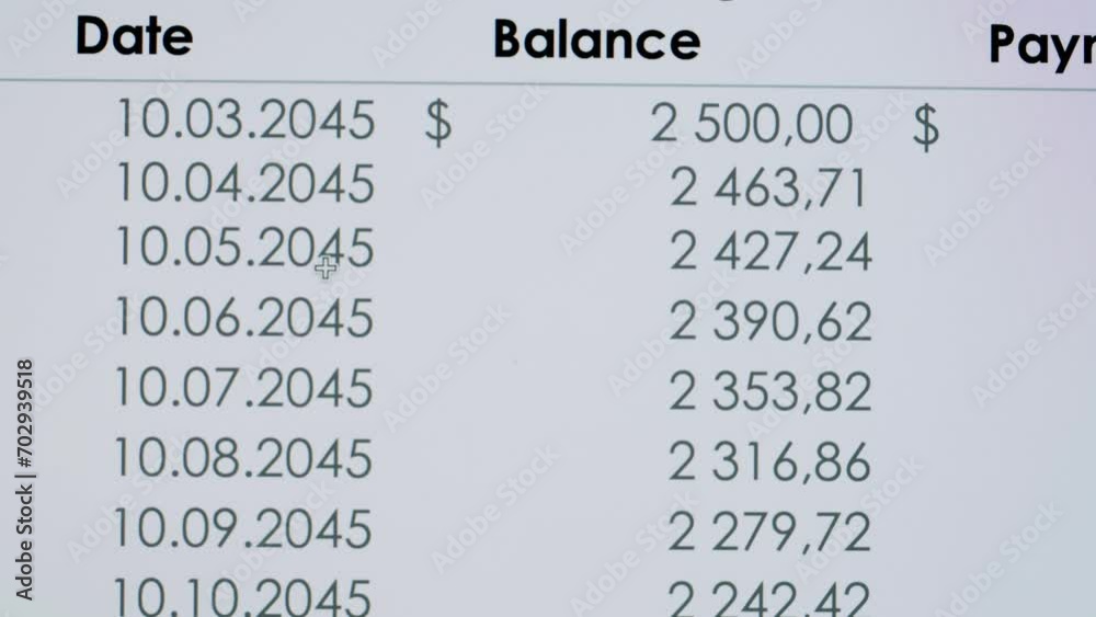 Close-up of financial cash flow data on PC screen. Mortgage payment sheet schedule. Loan fee