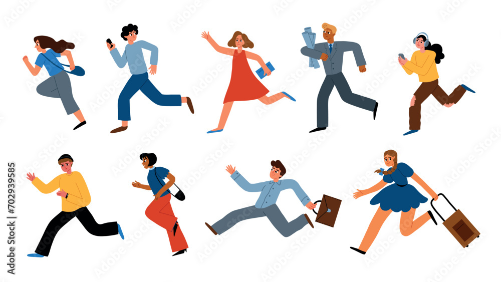 Cartoon citizens and businessmen are running to work. Hurrying people, late office employees in panic, persons in casual clothes, vector set.eps